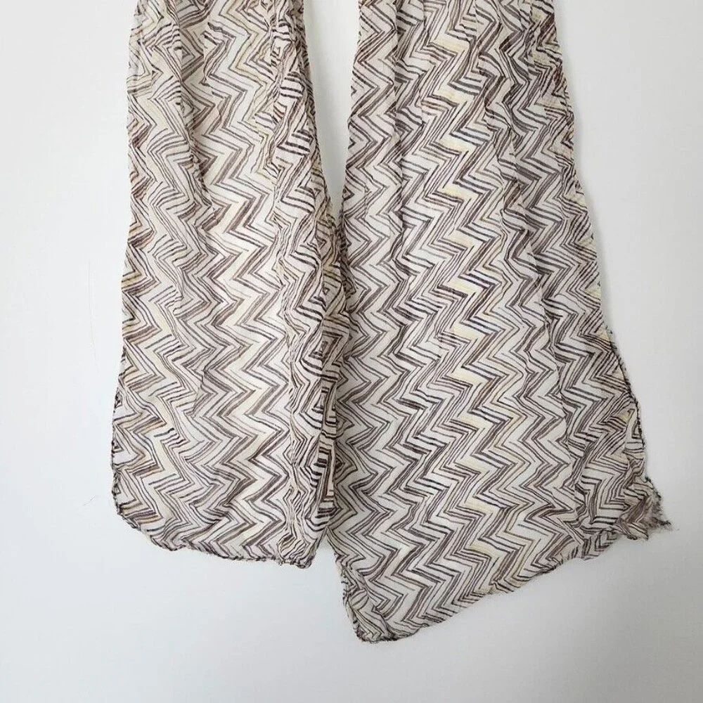 Y2K Skinny Scarf Zig Zag Print Lightweight India Brown Yellow Neutral Preppy Vtg